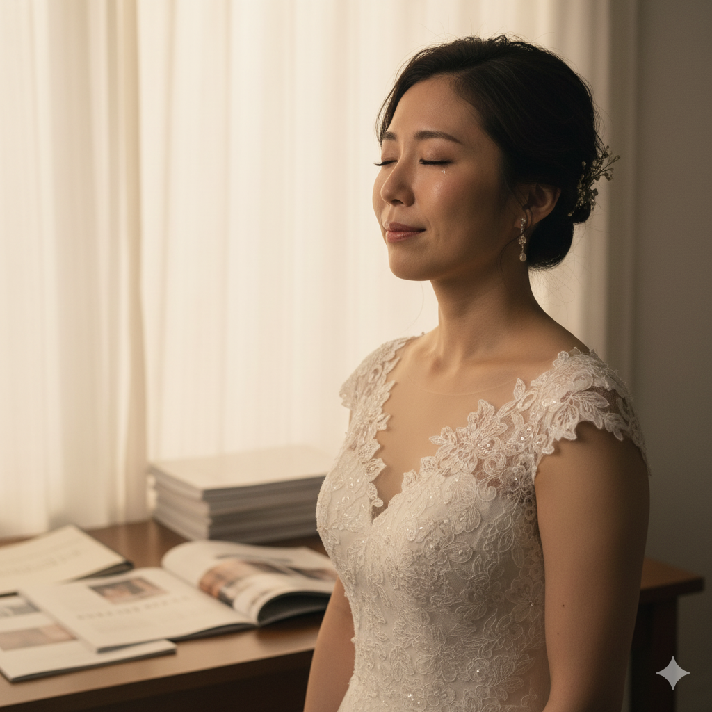 ウェディングドレス姿の花嫁が柔らかな光の中で深呼吸している。
資料の散らかった部屋の中で、少し涙をにじませながら微笑む姿。
結婚式の準備を終え、自分を取り戻す花嫁の静かな安堵を表現。