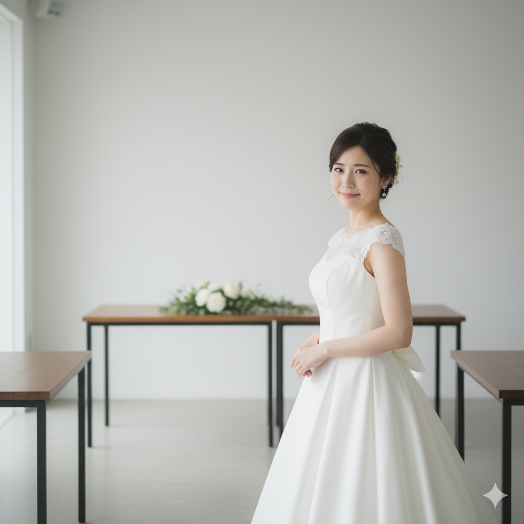 シンプルすぎる結婚式会場で撮影中、少し物足りなさを感じる花嫁の様子