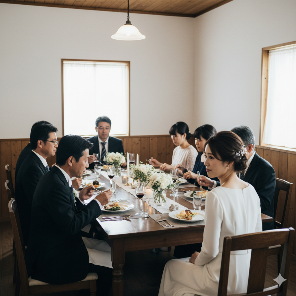 親族だけの結婚式で静まり返った披露宴のテーブルに座る花嫁の様子