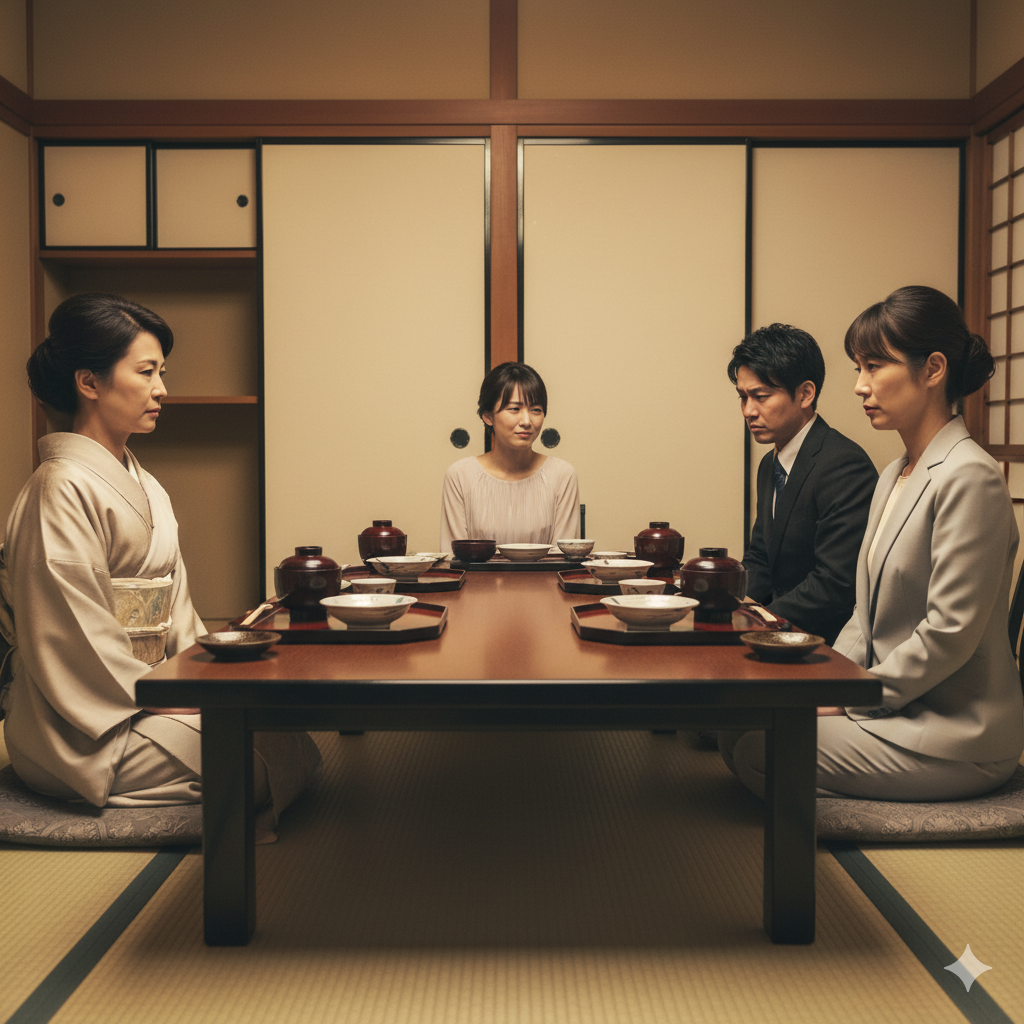 顔合わせ食事会で緊張した空気が流れる両家。戸惑いを隠せない花嫁と、微妙な表情を見せる両家の親たち。