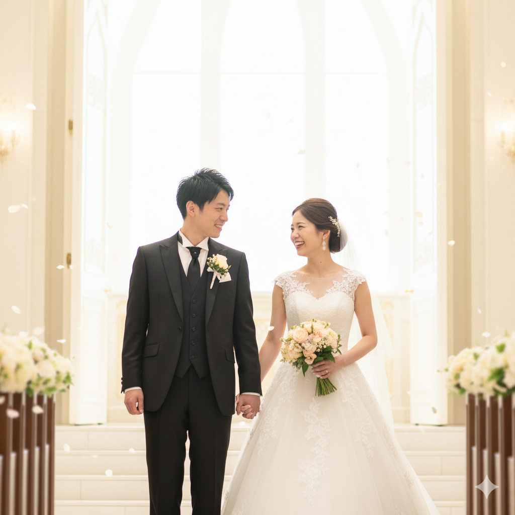 チャペルの出口で笑顔を交わし、手を取り合う新郎新婦の写真。