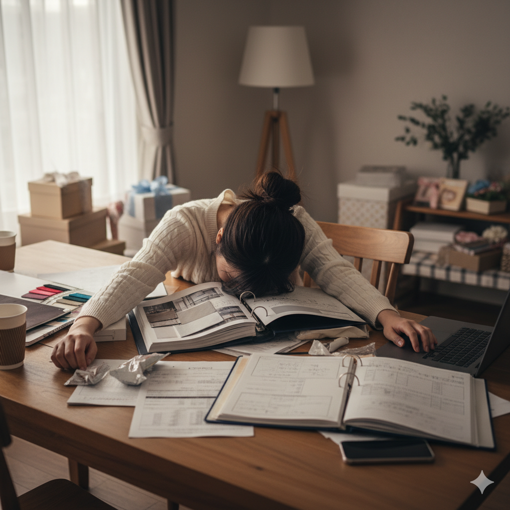 結婚式準備のタスクに追われ疲れ果てて机にうつ伏せる花嫁の様子