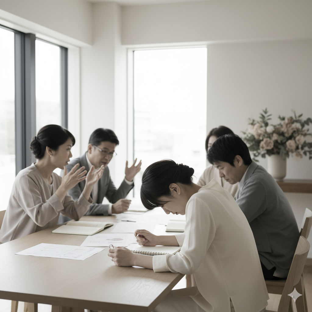 結婚準備中に両家の意見が対立し、涙をこらえる花嫁の姿。険しい空気が漂う打ち合わせ風景。