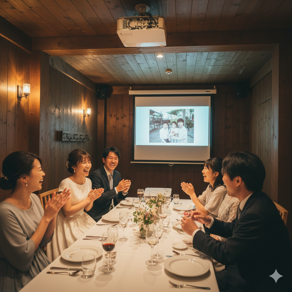 家族紹介ムービーを見て笑顔になる花嫁と親族の様子