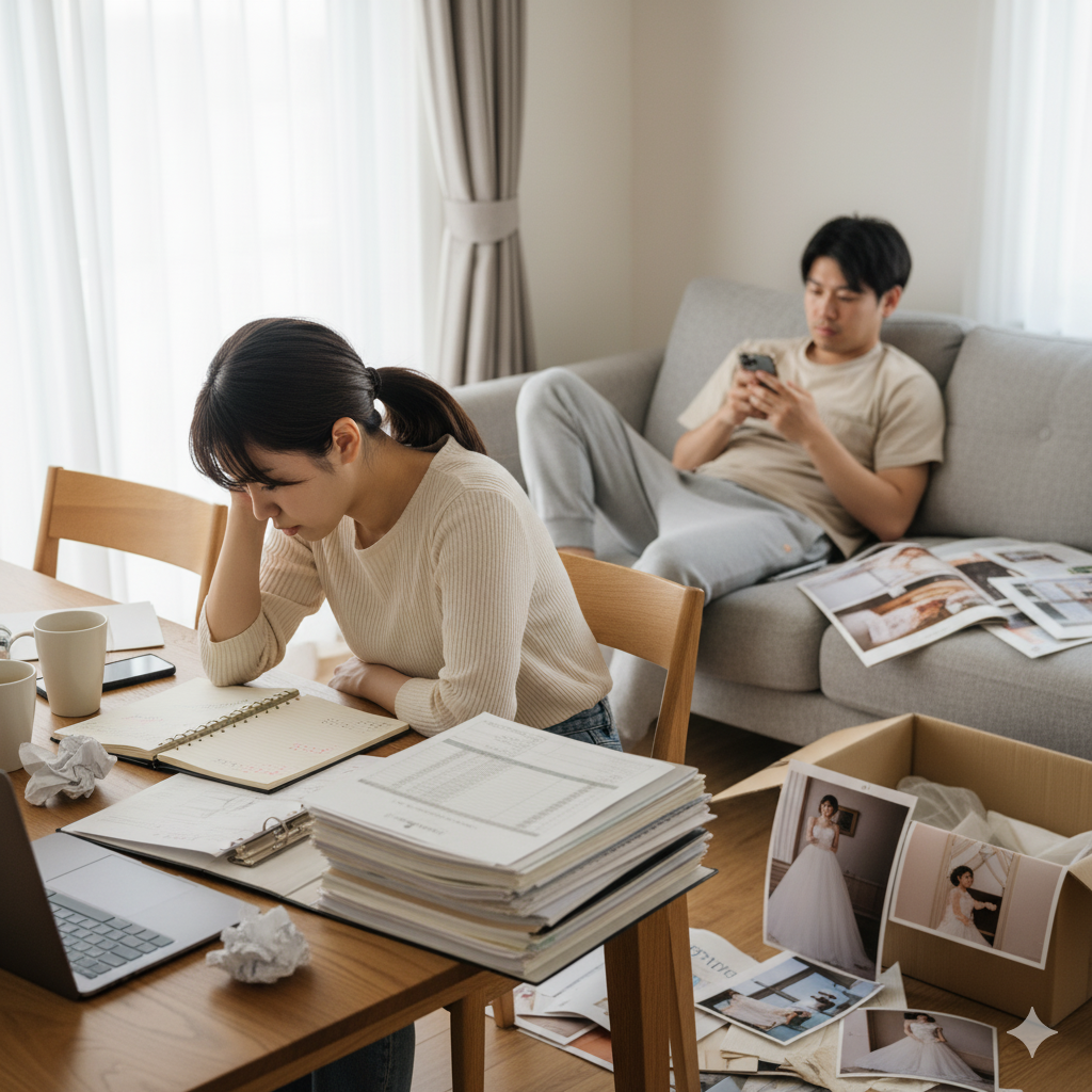 結婚式準備に奮闘する花嫁が、スマホをいじる旦那を横目にため息をつく様子の写真。
