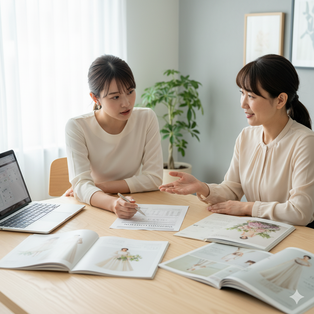 結婚式の見積もりについて、花嫁がウェディングプランナーに質問している様子。
テーブルに資料が並び、両者が落ち着いた雰囲気で話し合っている。信頼関係のある打ち合わせシーン。