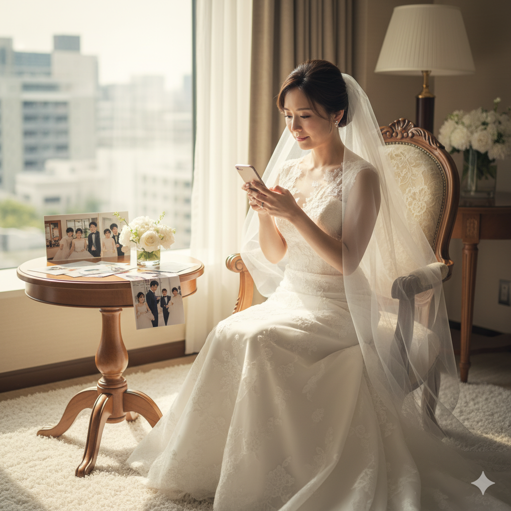 親族のみの結婚式後に、友人からのメッセージを見て切なげな表情を浮かべる花嫁