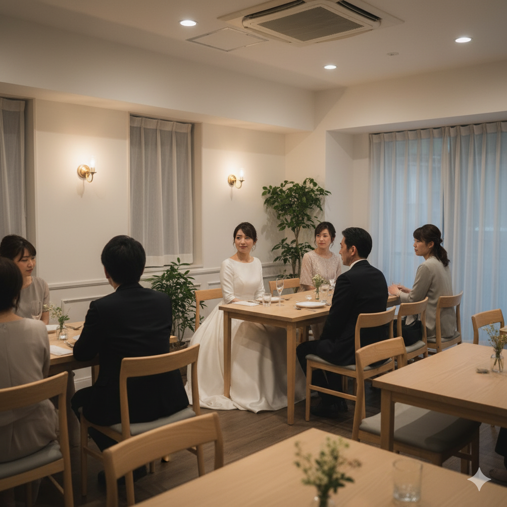 親族のみの静かな結婚式で、少し寂しげに微笑む花嫁の様子