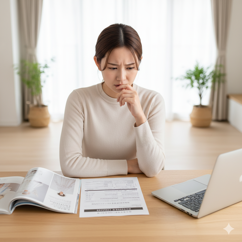 フォトウェディングの見積書を前に不安そうに金額を見つめる花嫁。金額での失敗をしそうな様子。