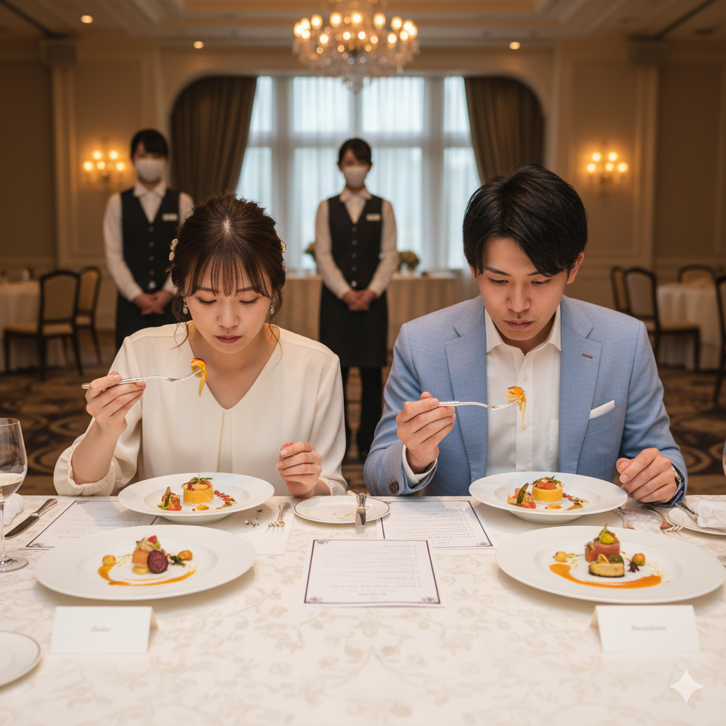 披露宴の試食会で、花嫁と新郎がメニューを見ながら真剣に料理を確認している。テーブルにはメモが置かれ、温かい照明に包まれた穏やかな雰囲気。