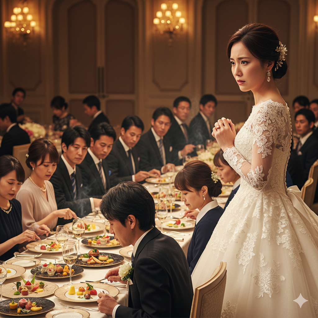 披露宴前に不安そうな表情を浮かべる花嫁。テーブルには華やかな料理が並び、ゲストの反応を気にしている様子。温かい照明の中に少し緊張感が漂うシーン。