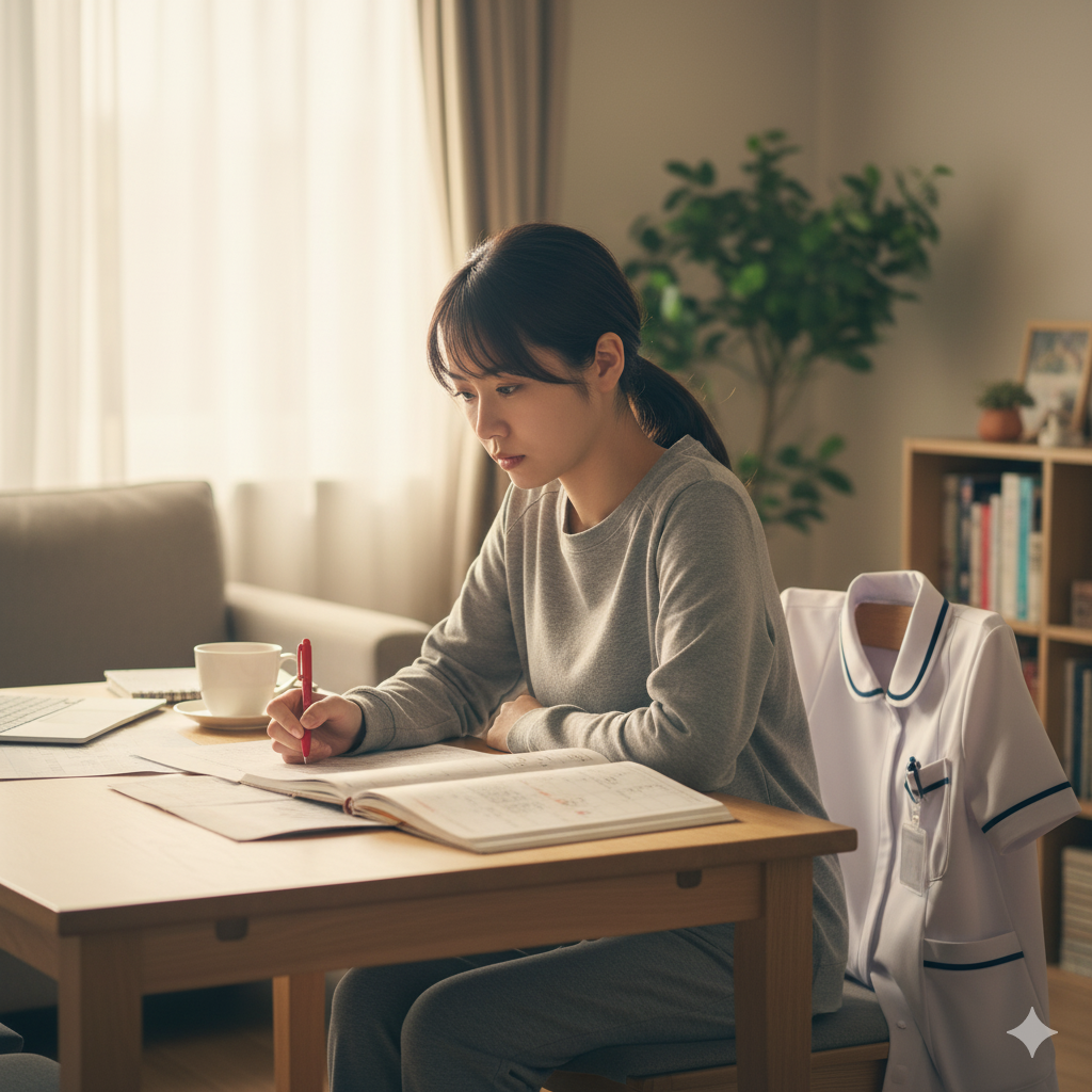 夜勤明けの看護師が自宅で結婚式のスケジュール帳を見つめ、疲れた様子で予定を確認している場面
