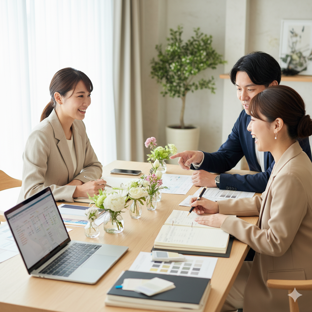 結婚式の準備についてプランナーと相談する日本人カップルが、明るい空間で笑顔で話し合っている様子
