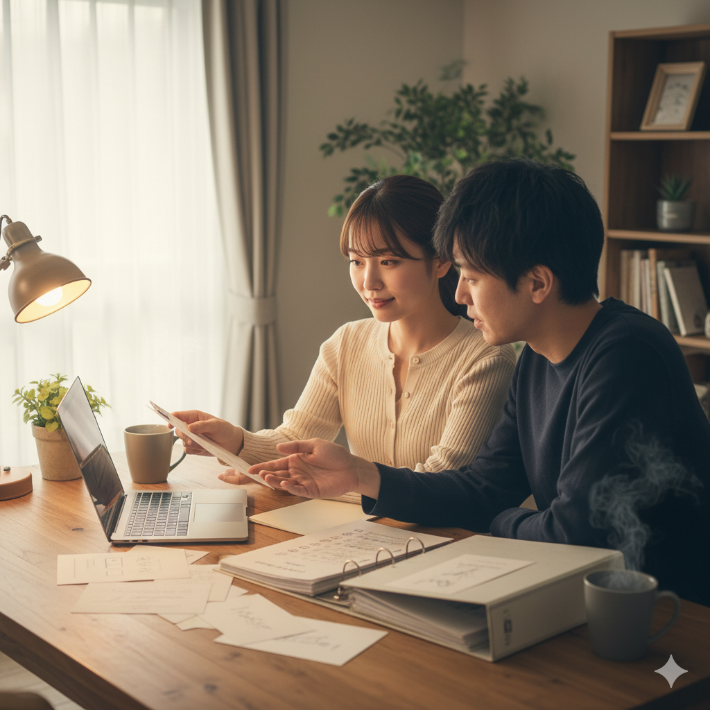 結婚式準備の工夫として、リストを確認しながら夫と相談する花嫁