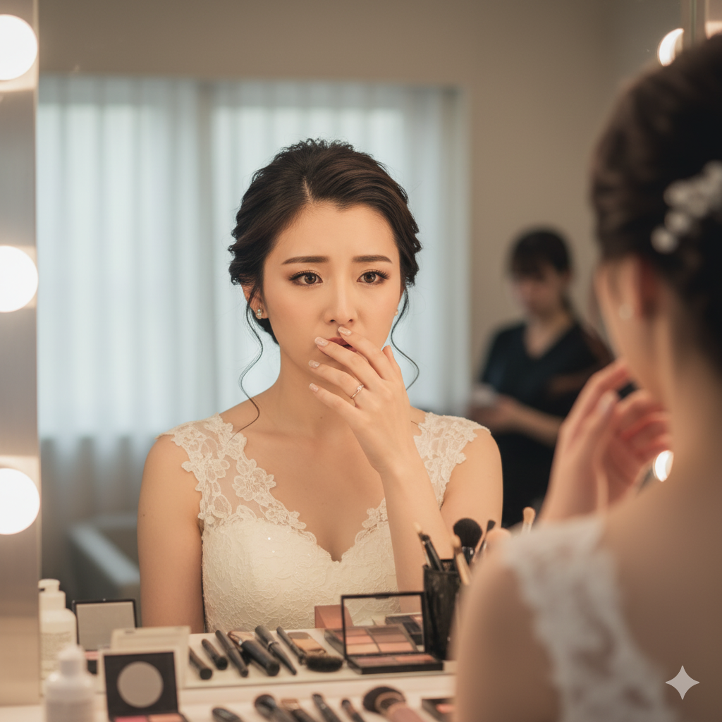 ヘアメイクの仕上がりが理想と違い、鏡を見つめて戸惑う日本人花嫁の写真