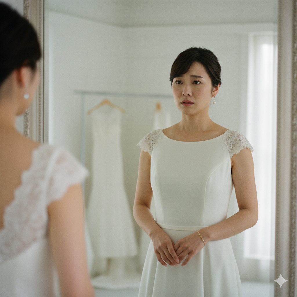 鏡の前でドレスを見つめ、不安そうな表情を浮かべる日本人花嫁の写真