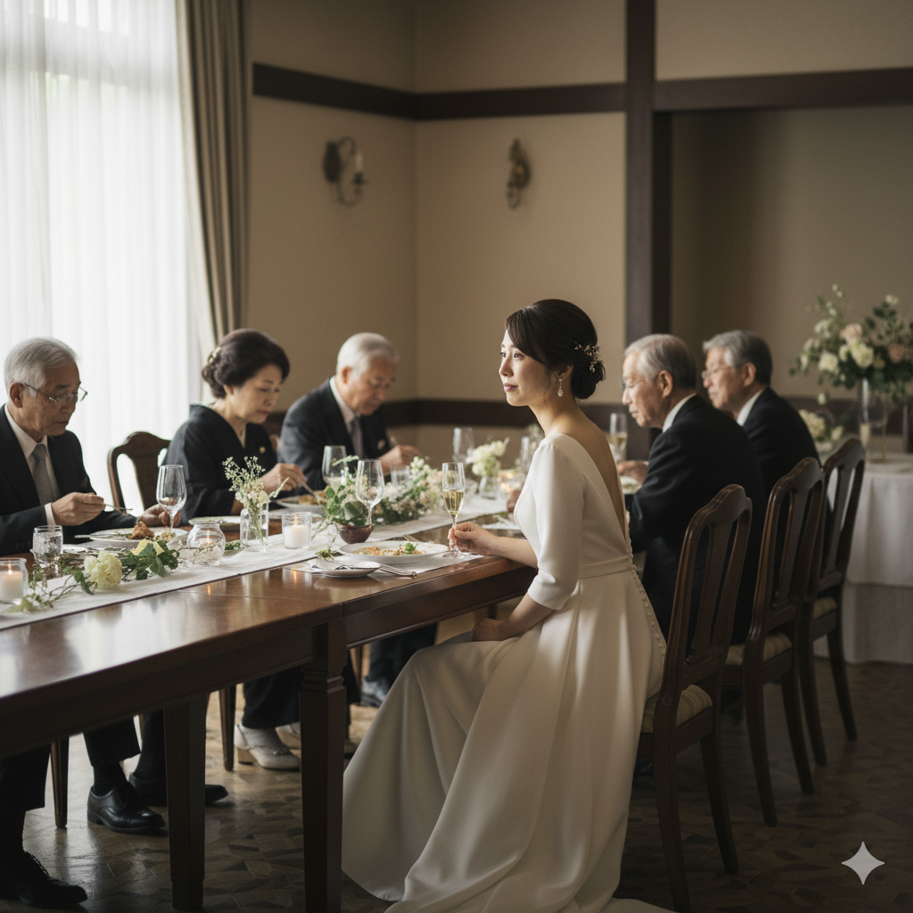 親族のみの結婚式で静まり返った披露宴の中、少し寂しげに微笑む花嫁の様子