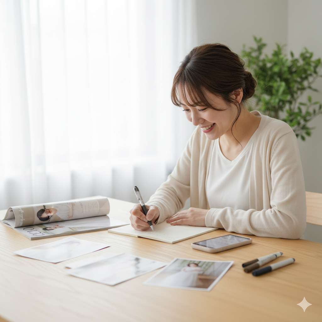 フォトウェディングでの失敗をしないために準備チェックリストを書き込む花嫁の姿