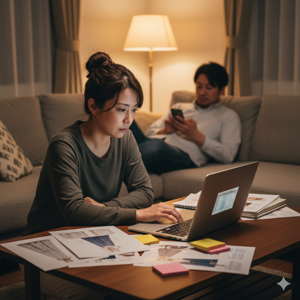 結婚式の準備を一人で進める女性が、資料を前に疲れた表情で作業し、後ろのソファでは夫がスマートフォンを見ている様子
