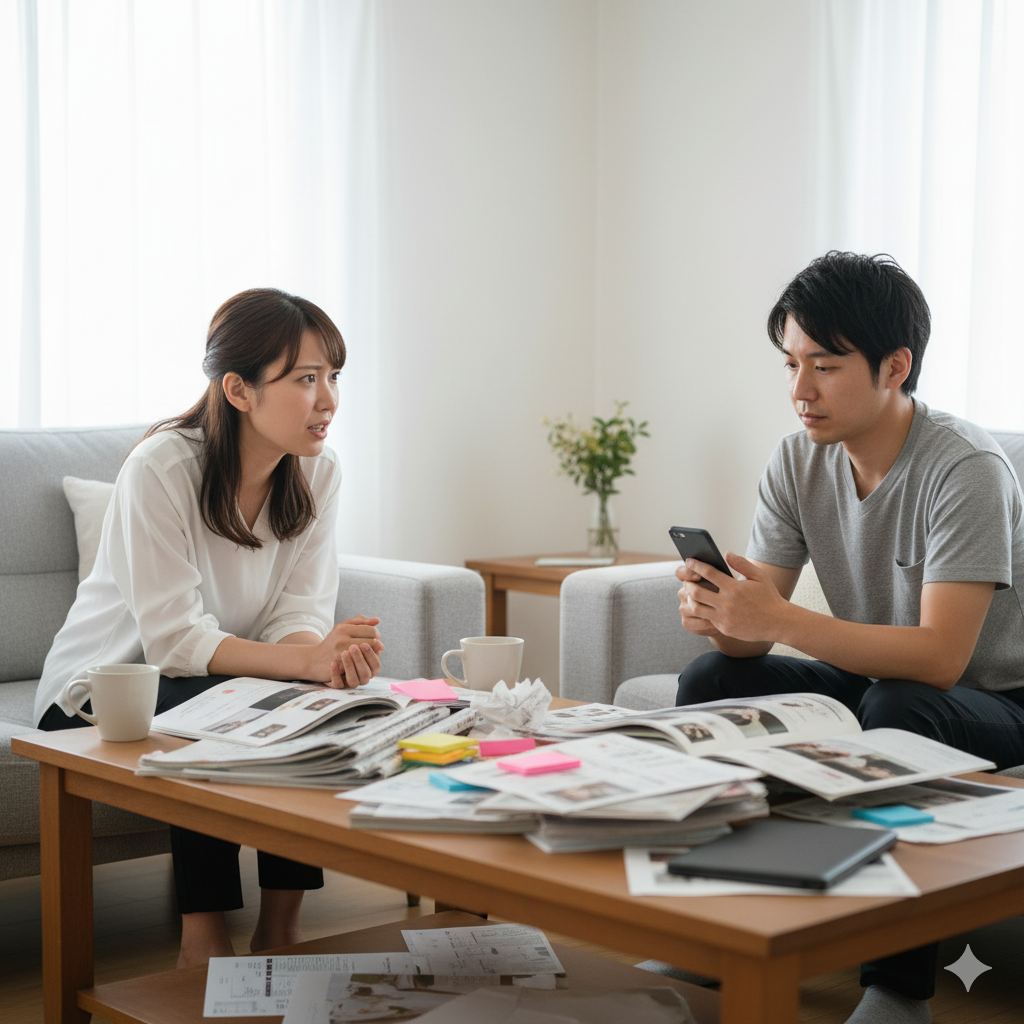 結婚式準備について真剣に話す花嫁と、スマートフォンを触りながら目をそらす旦那。
会話がすれ違い、温度差が広がっていくカップルの様子。