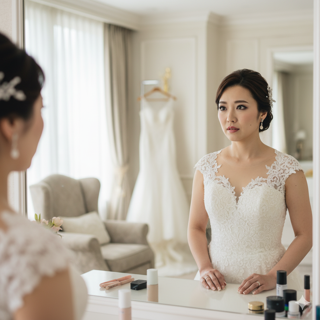 フォトウェディングでのヘアメイクを失敗し、濃いメイクを見て戸惑った表情を浮かべる花嫁