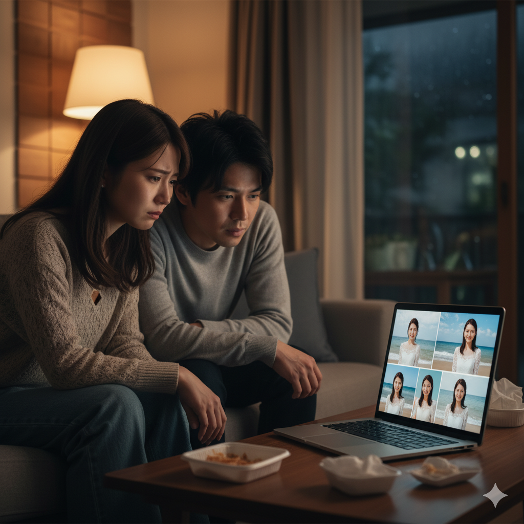 フォトウェディングの写真データを見て落胆する花嫁と夫。カットで失敗をしている様子。