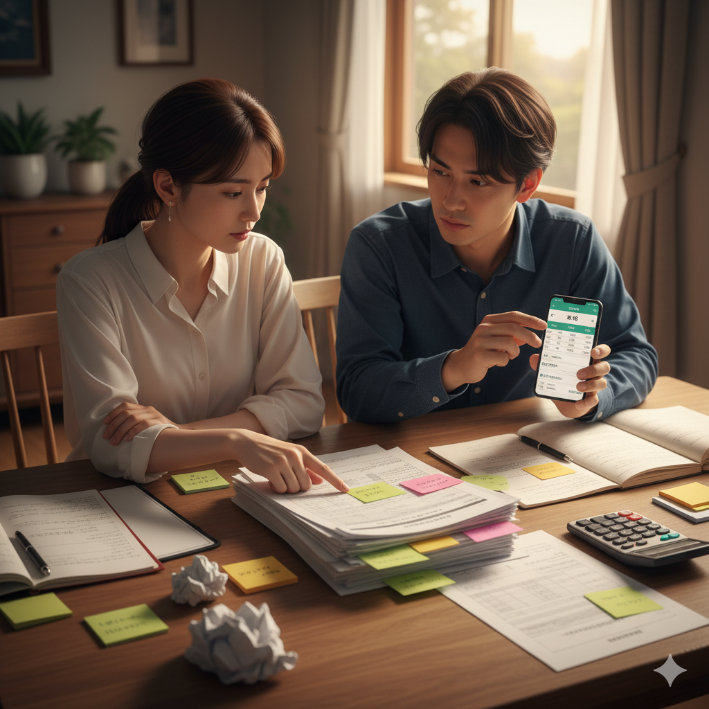 結婚式費用の見積書と支払い計画を前にカップルが真剣に話し合う様子。