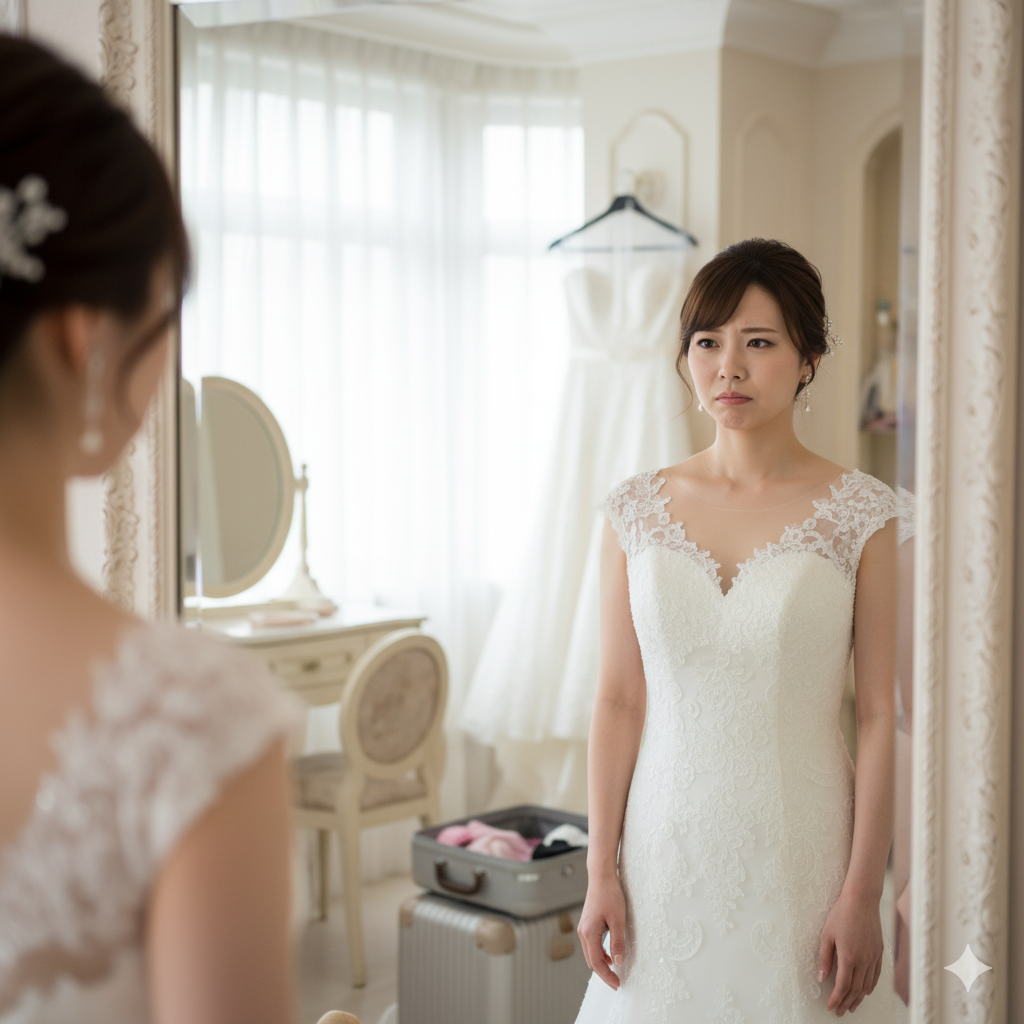 フォトウェディング直前でドレスを着て鏡の前で困ったような表情をする花嫁。ドレス選びでの失敗をしそうな様子。