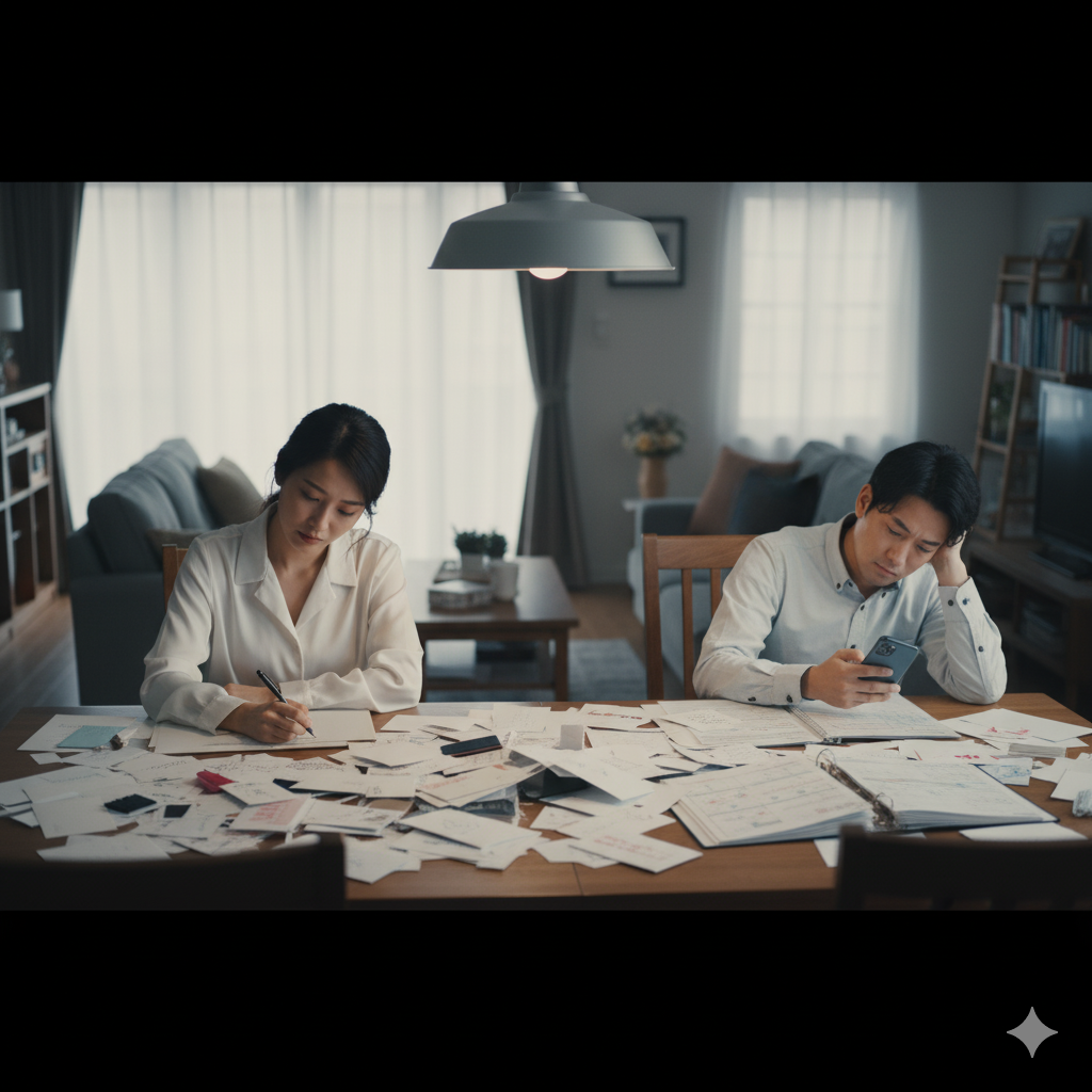 結婚式準備を一人で抱え込み、疲れた様子でため息をつく花嫁と非協力的な夫