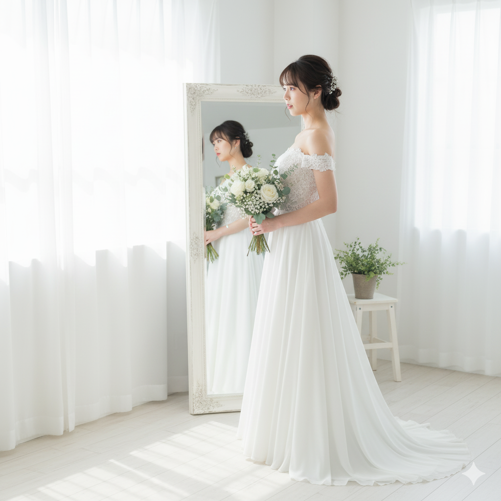 フォトウェディング前に鏡の前で不安そうに表情を浮かべる花嫁の姿