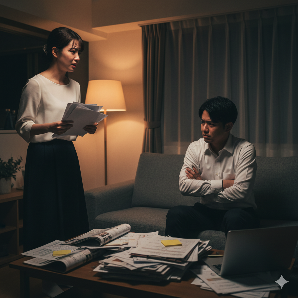 結婚式の資料をめぐって口論するカップル。
花嫁は涙目で訴え、旦那は腕を組んで沈黙。
結婚式準備中の喧嘩が激しくなっているシーンを再現。