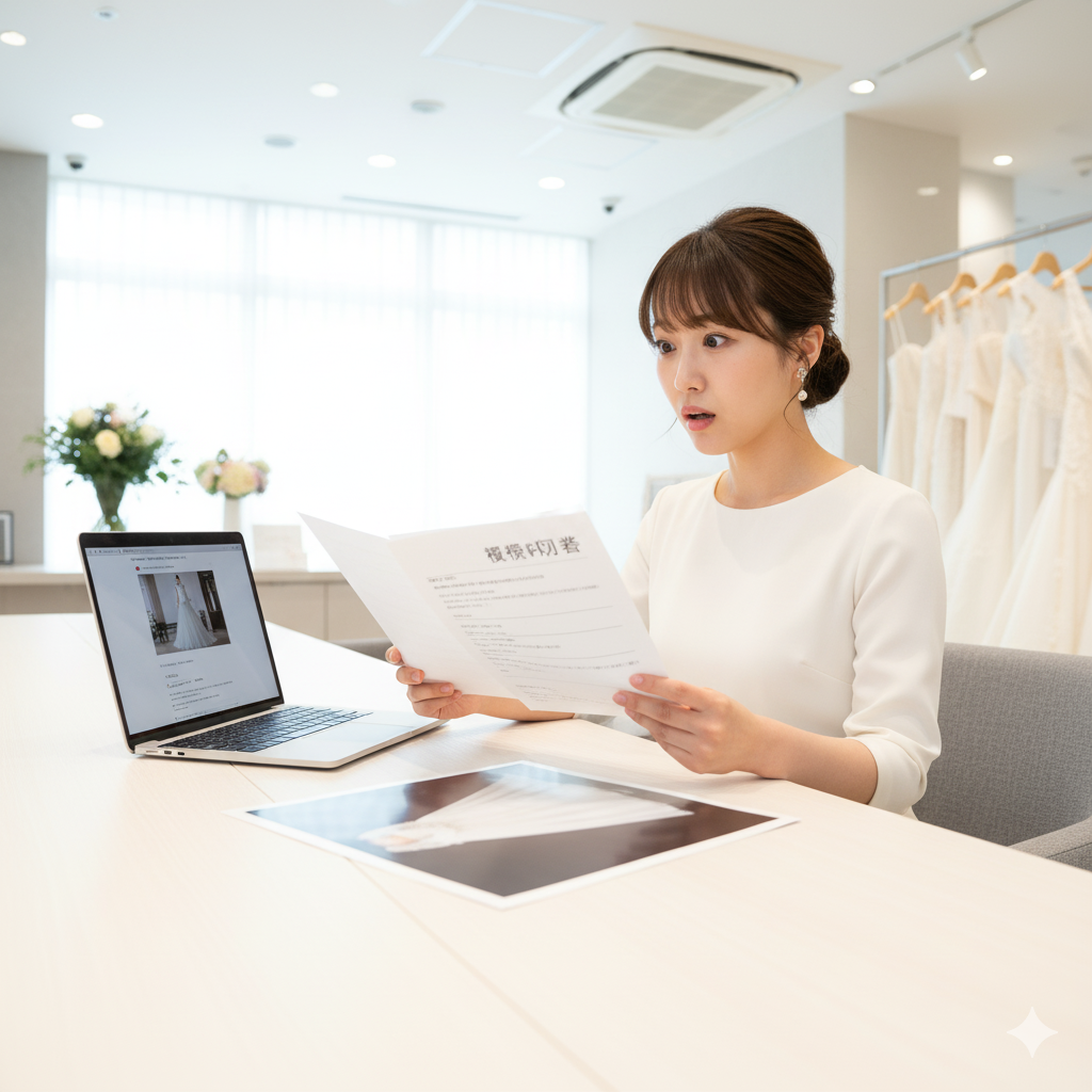 少人数の結婚式の見積もりを見て、費用の高さに驚く花嫁の様子