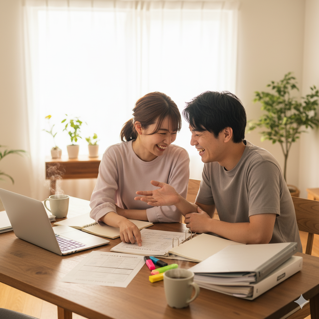 役割分担リストを確認しながら協力して結婚準備を進める日本人カップル  
