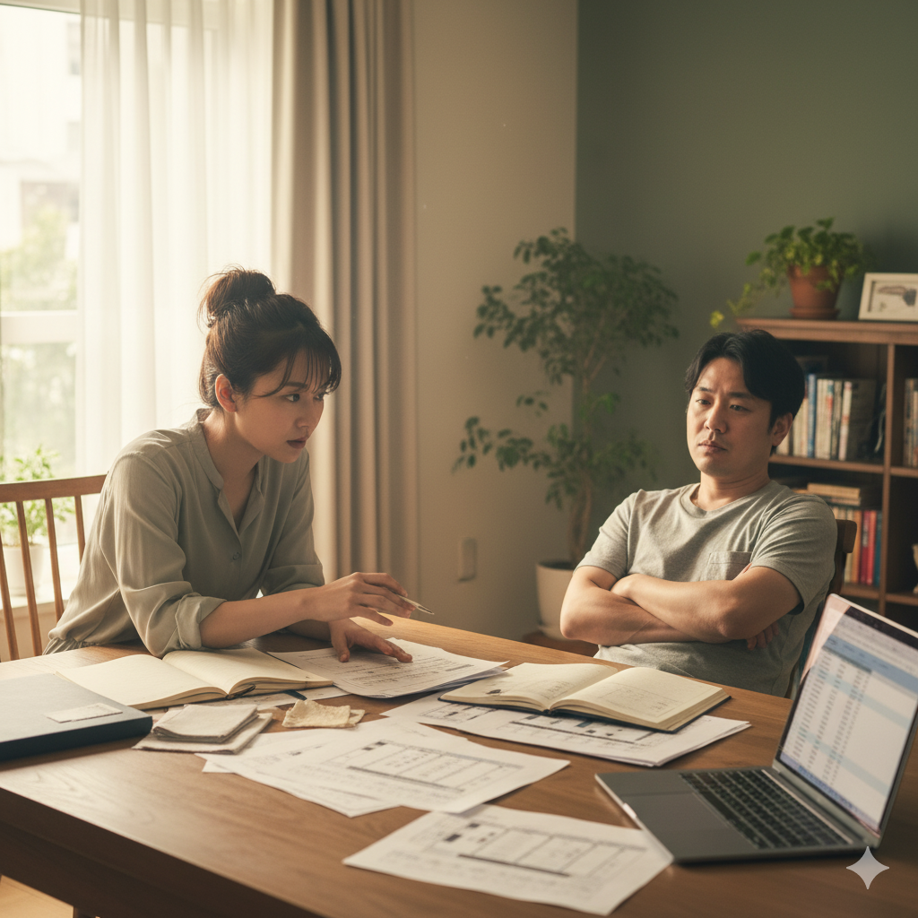 結婚準備の話し合いで意見が合わず、少し険悪な雰囲気になっている日本人カップルの様子