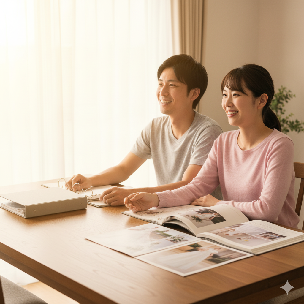 結婚準備を乗り越え、笑顔で手を取り合う日本人カップル  
