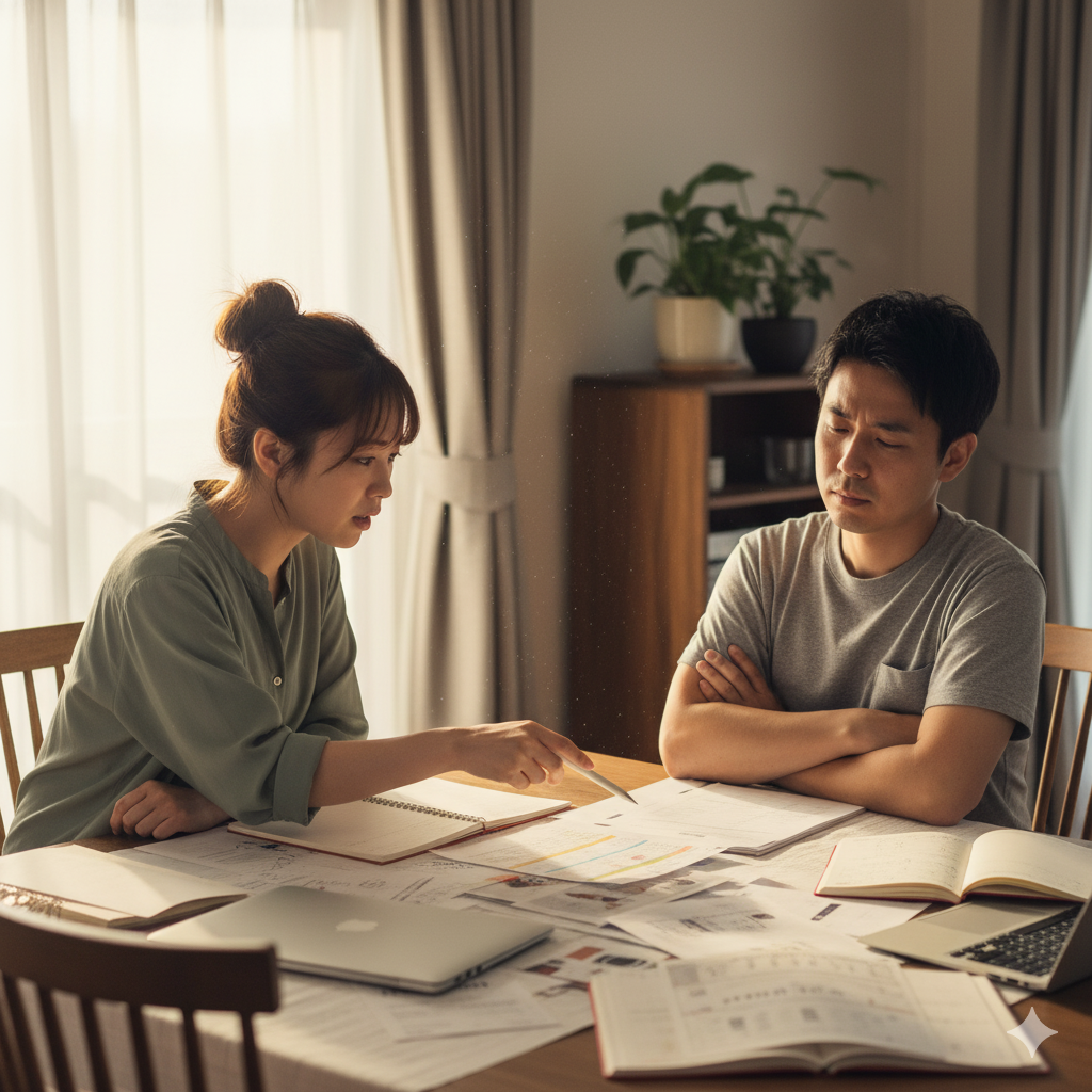 結婚準備の話し合いで意見が合わず、険しい表情を見せる日本人カップル  
