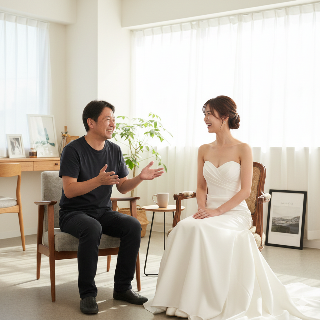 カメラマンと和やかに会話しながら笑う花嫁