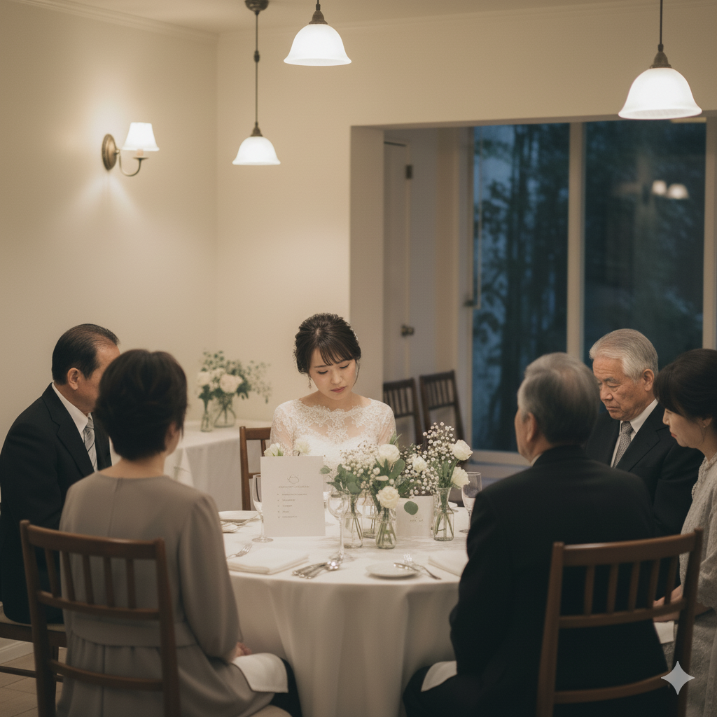 演出が少なく淡々と進む親族婚の披露宴で、静かな空気に包まれる花嫁の様子