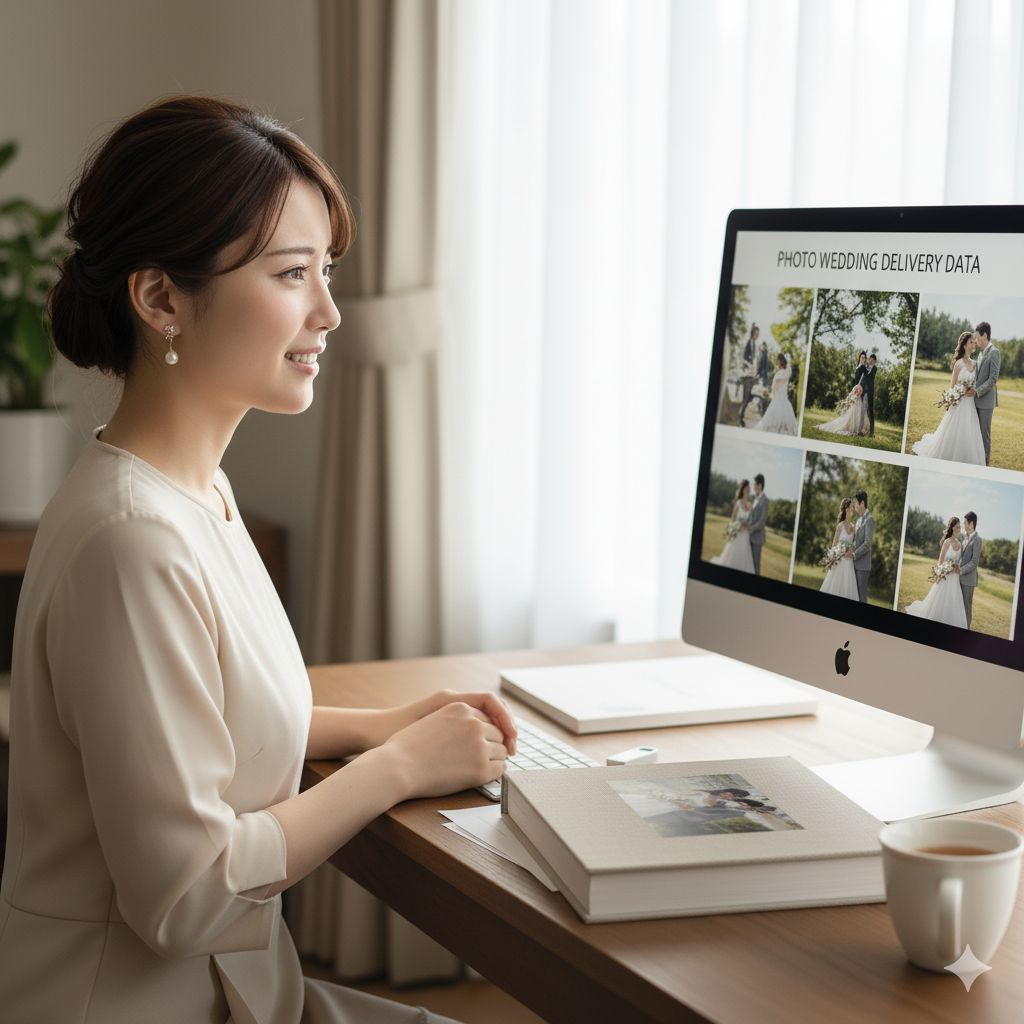 納品データを確認して安心した表情を見せる花嫁