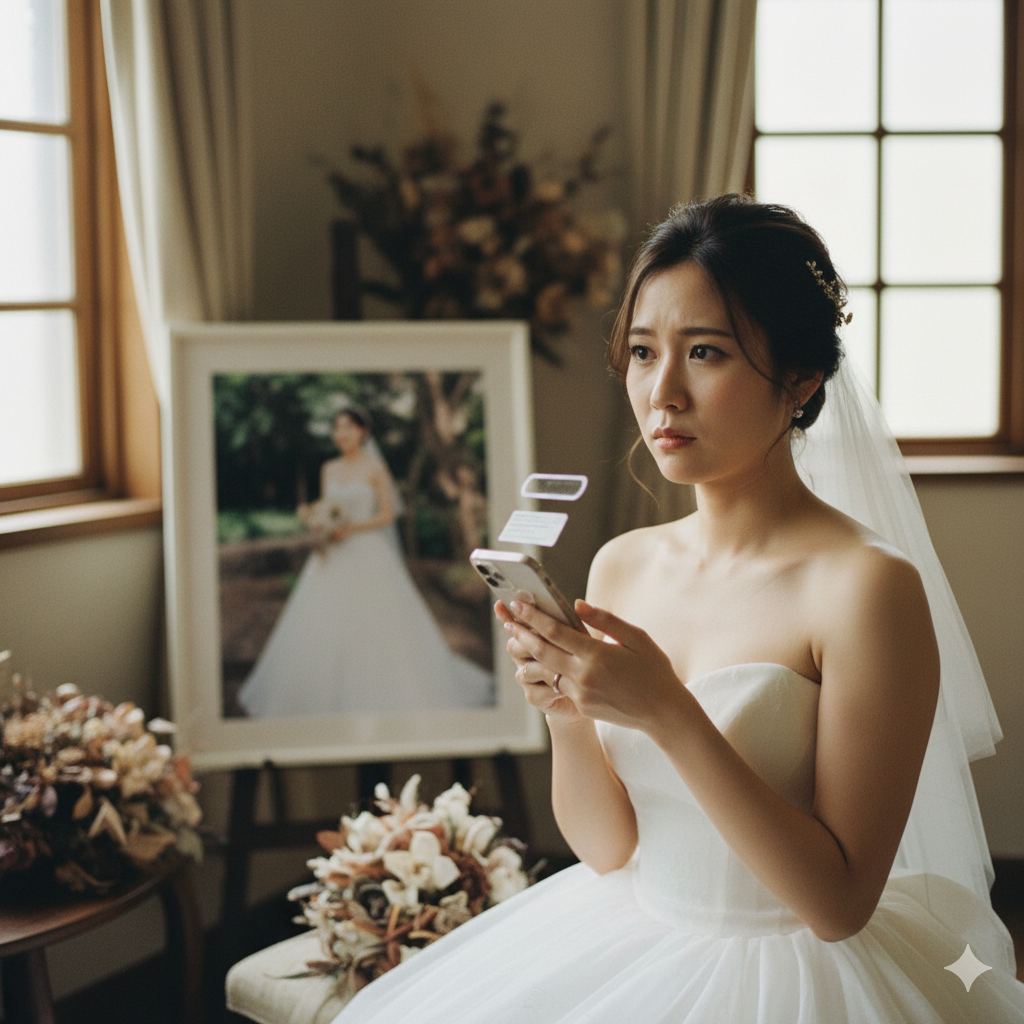 親族のみの結婚式後、友人からのメッセージを見て少し切なそうな表情を浮かべる花嫁