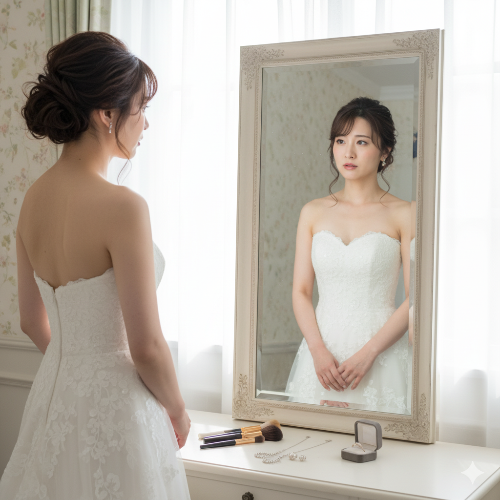 ドレスとヘアメイクの仕上がりを鏡で確認する花嫁の姿