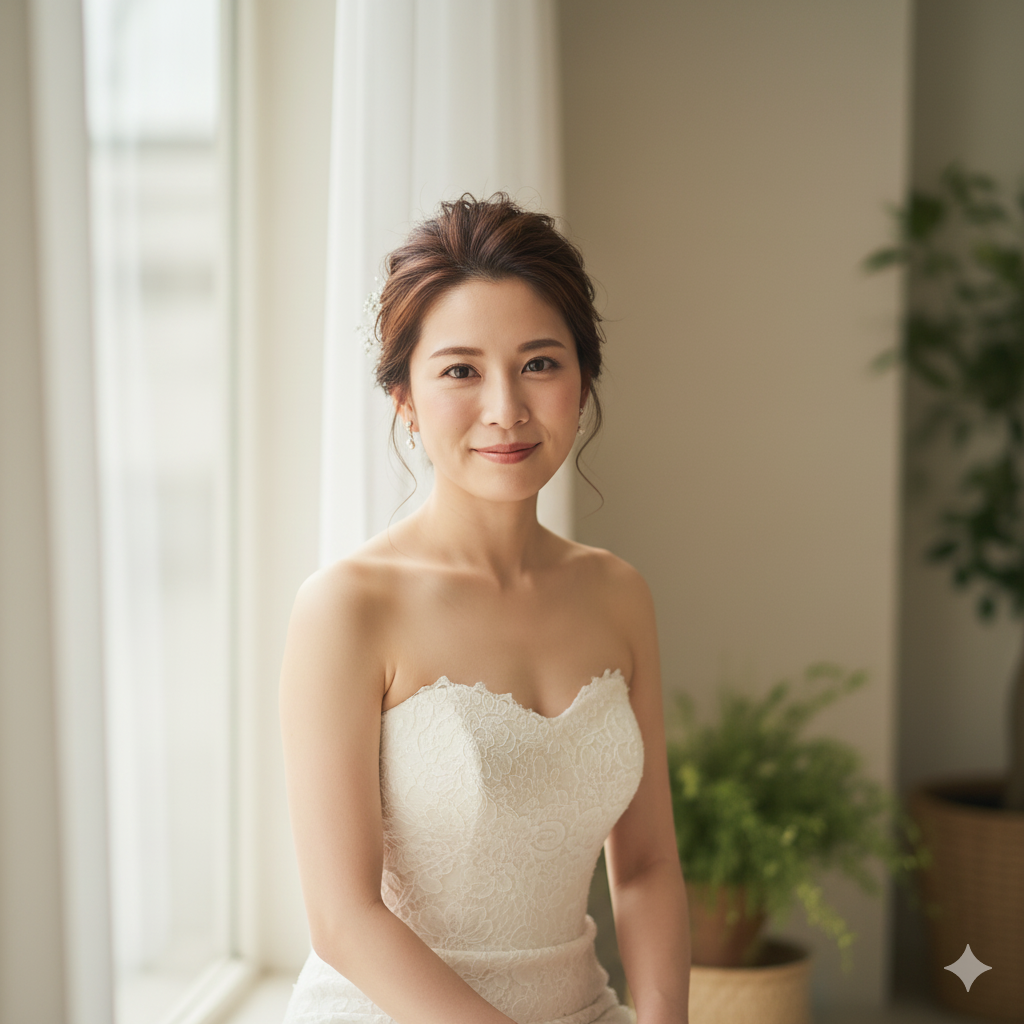 ナチュラルなヘアメイクでリラックスして笑う花嫁