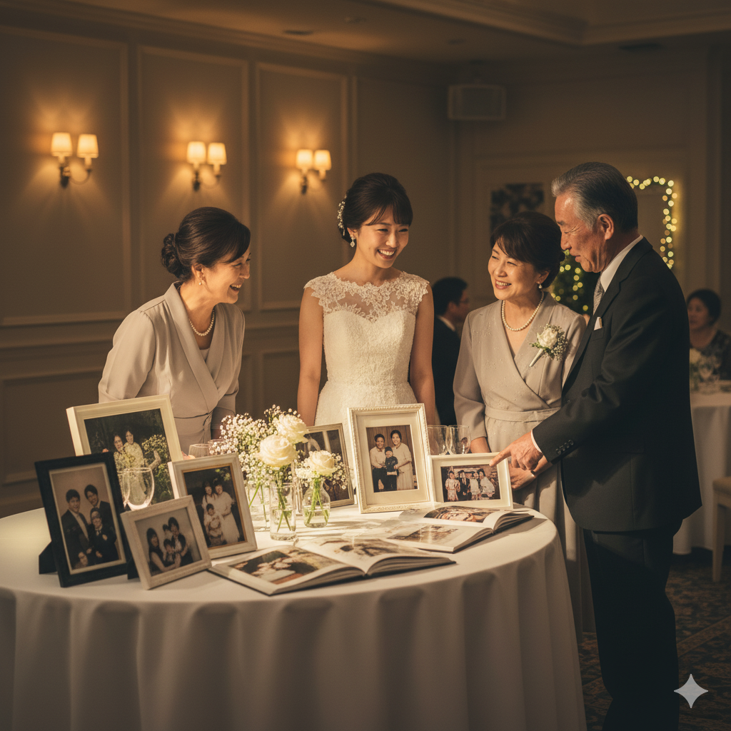 思い出写真が飾られたコーナーで、親族と写真を眺めながら談笑する花嫁の様子