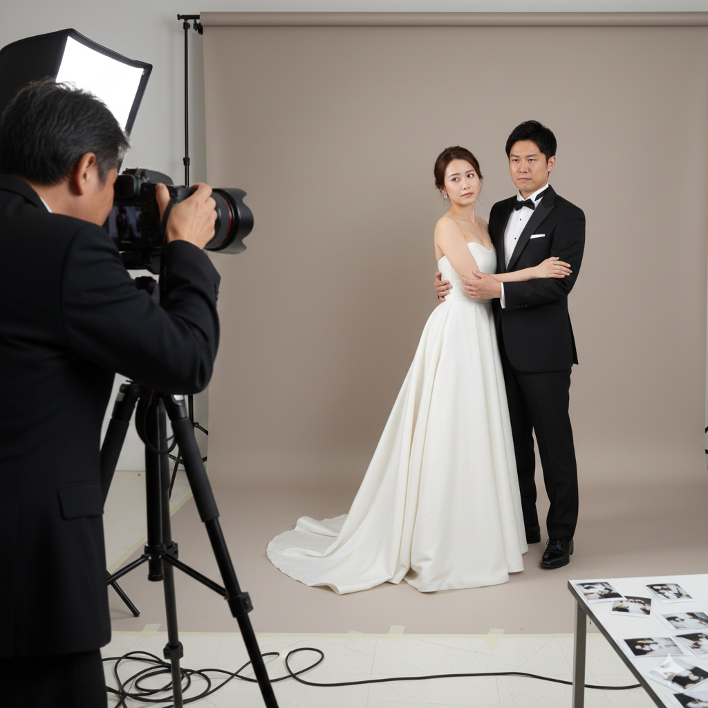 テンプレート構図に戸惑う花嫁と新郎