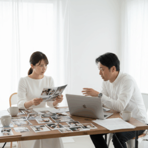 カメラマンとの打ち合わせで不安そうにサンプルを確認する花嫁