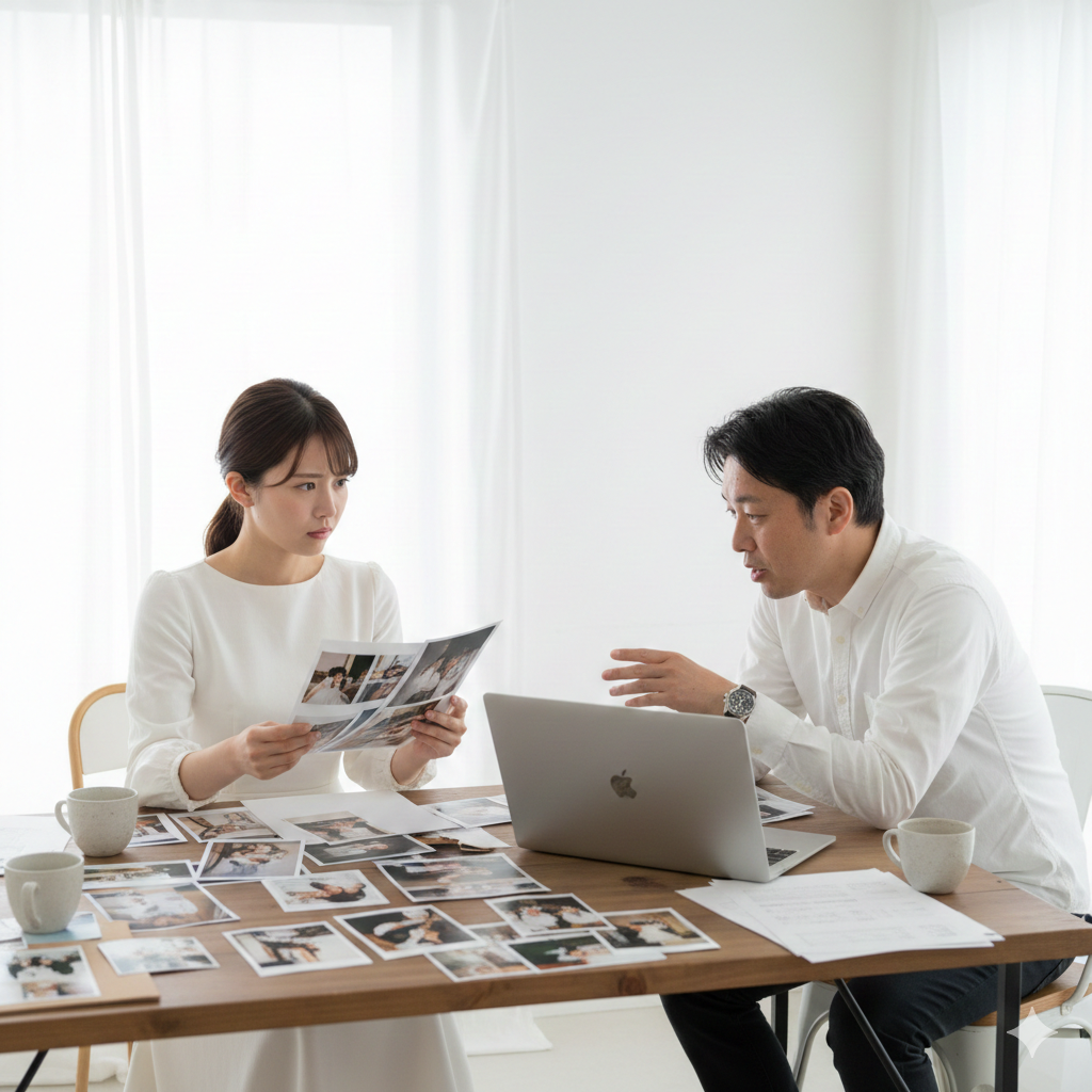 カメラマンとの打ち合わせで不安そうにサンプルを確認する花嫁