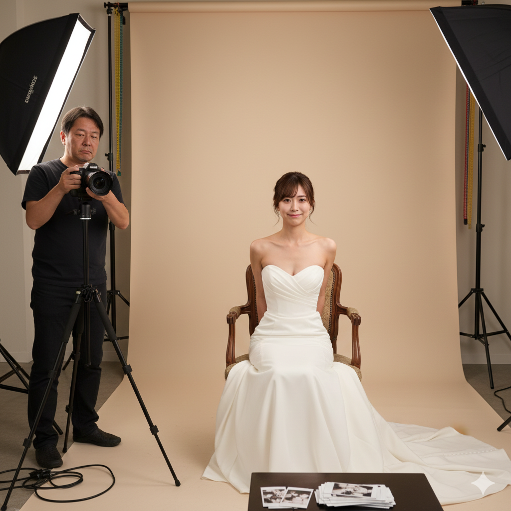 無愛想なカメラマンの前で緊張する花嫁