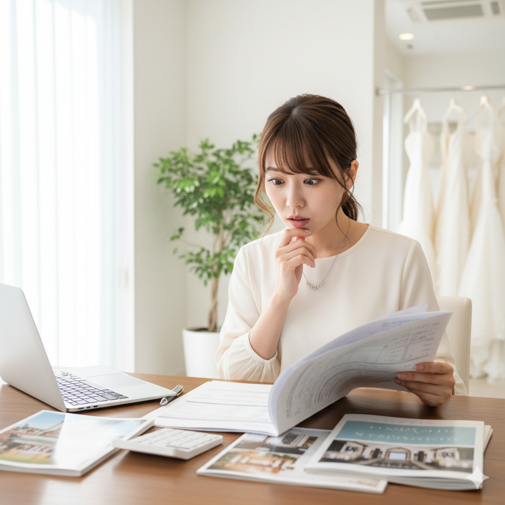結婚式の見積書を見て費用の高さに驚く花嫁の様子