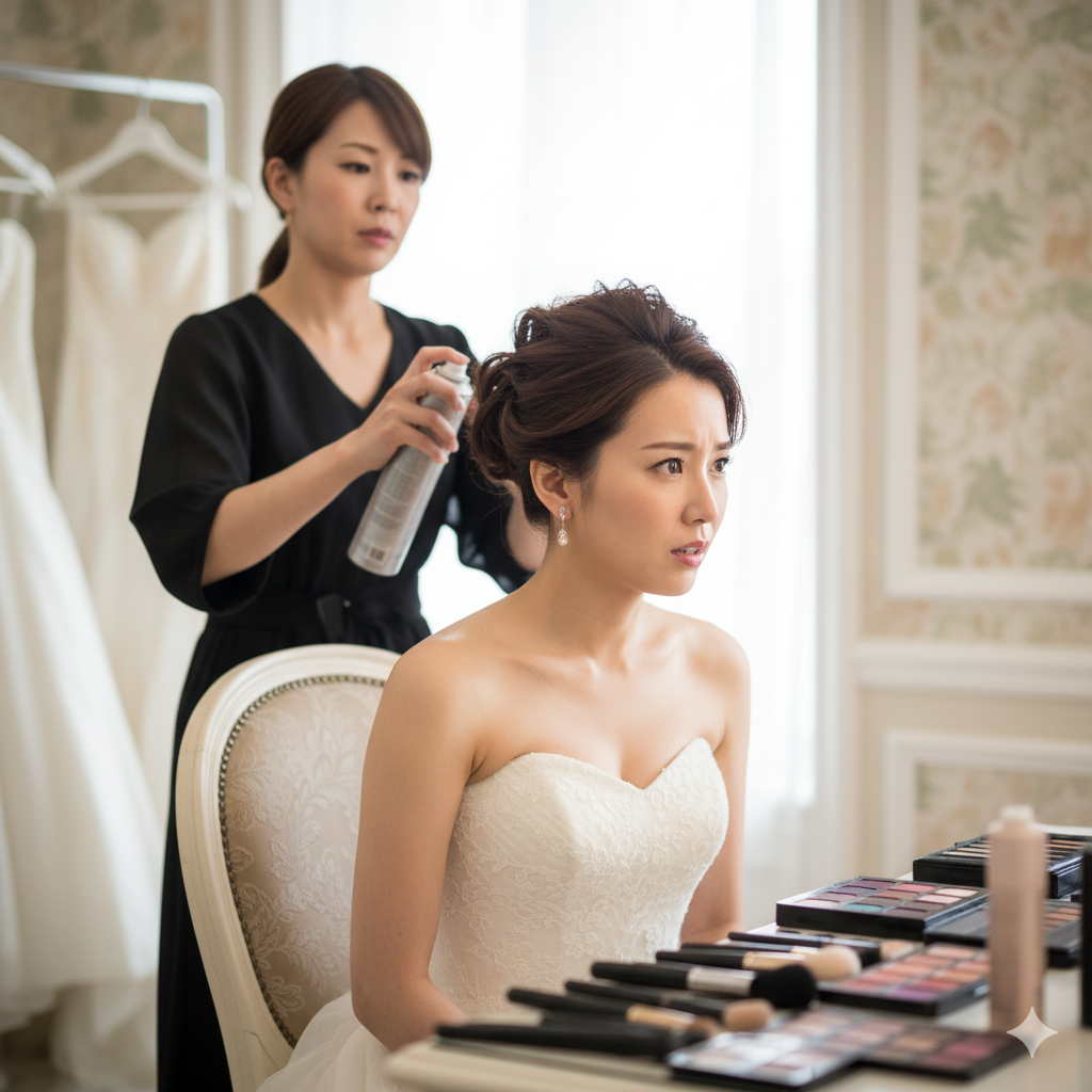 ヘアメイクスタッフと慌ただしく打ち合わせする花嫁