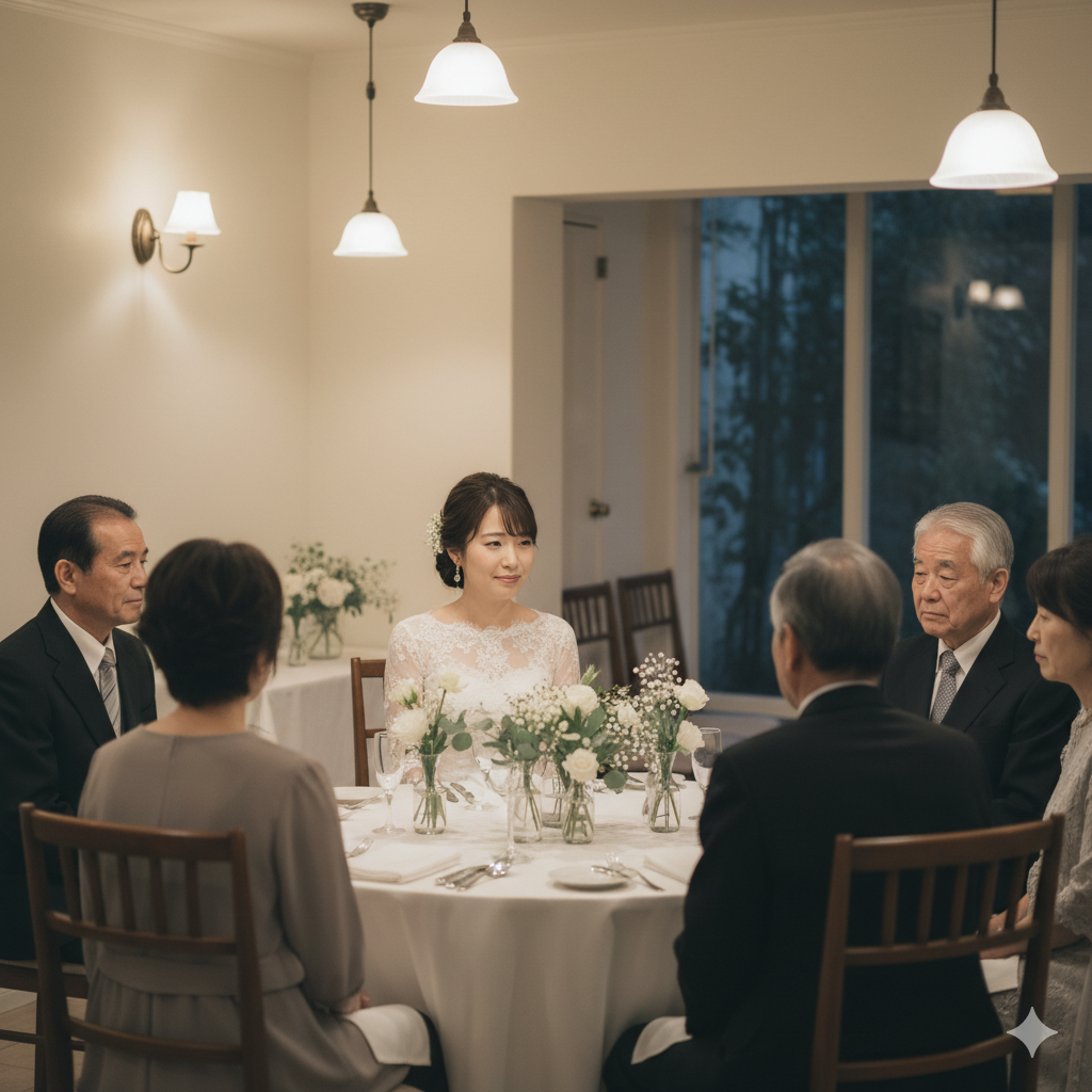 静かな親族婚の披露宴で、どこか物足りなさを感じる花嫁の様子